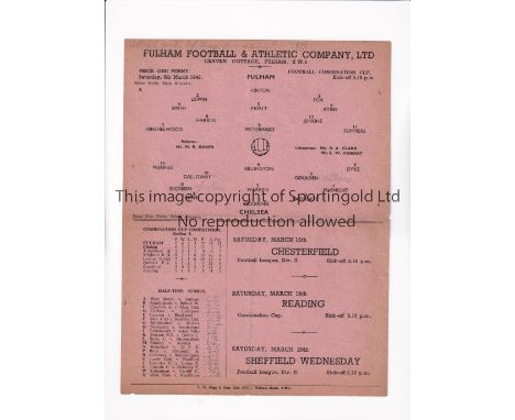 CHELSEA      Single sheet programme for the away Football Combination Cup tie v Fulham 5/3/1949, slightly creased and very sl