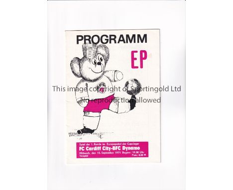 CARDIFF CITY     Programme for the away ECWC tie v Dynamo Berlin 15/9/1971.    Good