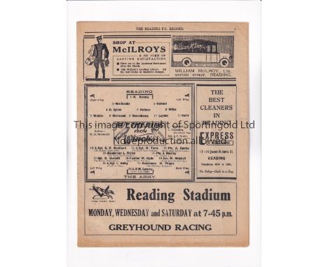 READING V THE ARMY 1939      Programme for the match at Reading 22/4/1939, slightly creased.      Generally good