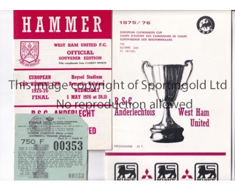 1976 ECWC FINAL / WEST HAM UNITED V ANDERLECHT      Programme, ticket and West Ham United issue programme for the match in Br