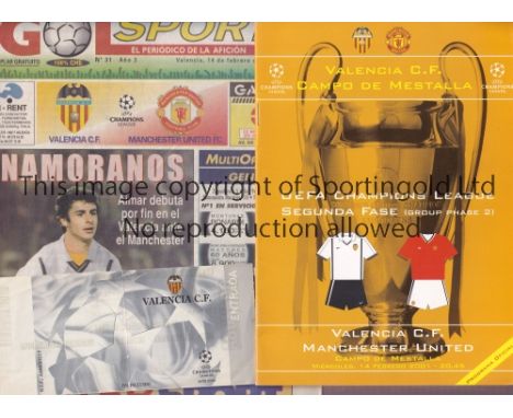 MANCHESTER UNITED     Three programmes and a ticket for the away Champions League match v Valencia 14/2/2001. Includes 2 news