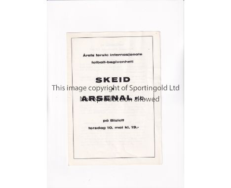 ARSENAL Scarce programme for the away Friendly v Skeid 10/5/1962 in Oslo, Norway, team changes. Generally good