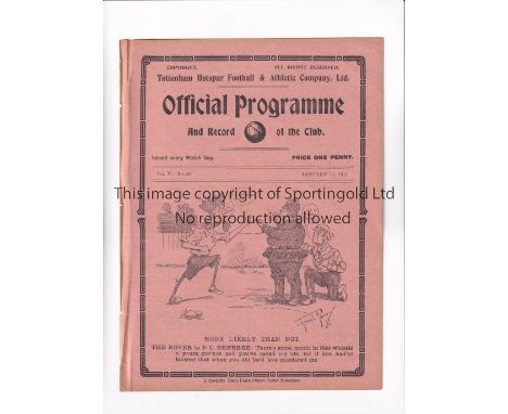 TOTTENHAM HOTSPUR      Programme for the home FA Cup tie v Blackpool 11/1/1913, ex-binder.       Generally good