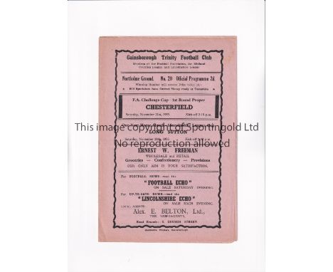 GAINSBOROUGH TRINITY V CHESTERFIELD 1953 F.A. CUP    Gatefold programme for the tie at Gainsborough 21/11/1953.     Generally