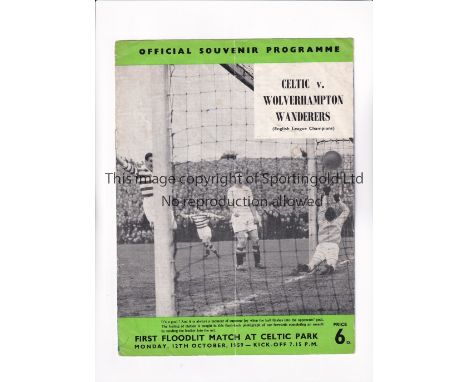 CELTIC V WOLVES 1959 / FIRST FLOODLIT MATCH AT CELTIC     Programme for the Friendly at Celtic 12/10/1959, slightly creased. 