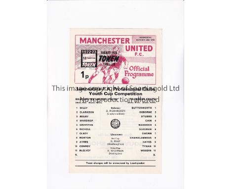 MANCHESTER UNITED      Single sheet programme for the home Lancashire FA Professional Clubs Youth Cup tie v Tranmere Rovers 2