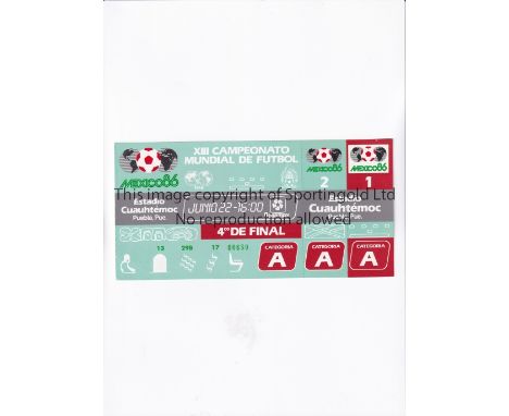 1986 WORLD CUP      Unused ticket for Spain v Belgium, Quarter-Final 22/6/1986 at the Cuauhtemoc Stadium. Staple holes on the