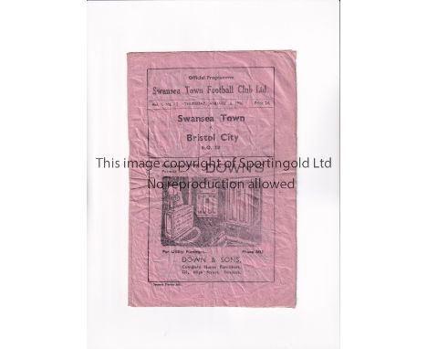 1945/6 FA CUP / SWANSEA TOWN V BRISTOL CITY     Programme for the tie at Swansea 10/1/1946, heavily creased.     Fair