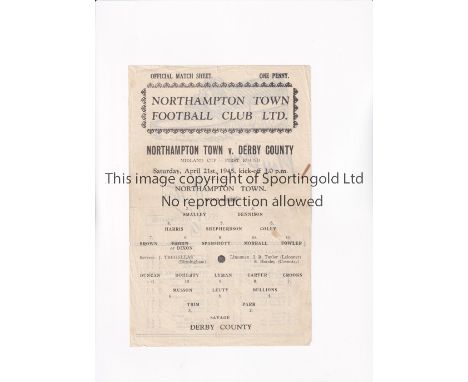 NORTHAMPTON TOWN V DERBY COUNTY 1945 CUP     Single sheet programme for the Midland Cup tie at Northampton 21/4/1945, slightl
