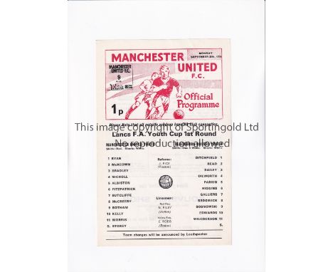 MANCHESTER UNITED      Single sheet programme for the home Lancashire FA Youth Cup tie v Blackburn Rovers 30/9/1975, very sli