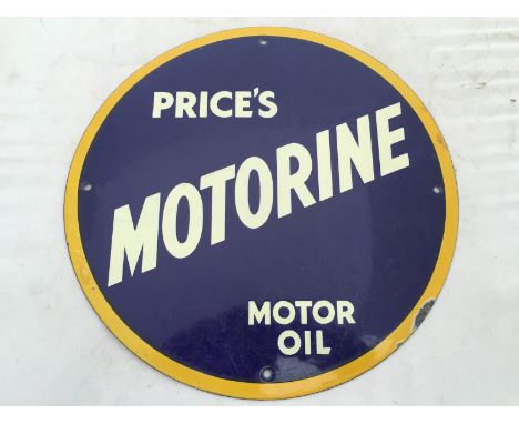 A Price's Motorine Motor Oil circular enamel sign, 14 1/4" diameter.