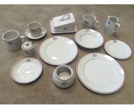 A collection of Duraline Hotelware with Esso branding comprising butter dish, a part teaset and a partial dinner set etc. 