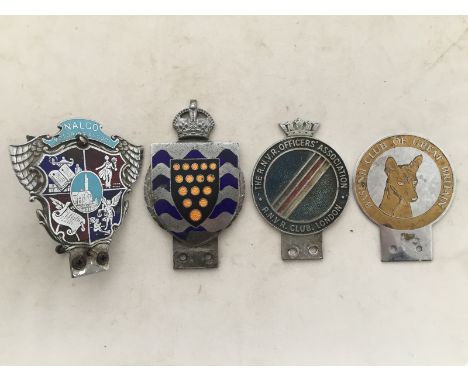 A Nalgo Motoring Association part enamel car badge, a Basenji Club of Great Britain car badge, an RNVR Offices Association ca