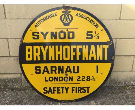 An AA circular enamel road sign for Brynhoffnant, by Franco, with good gloss, 30" diameter.