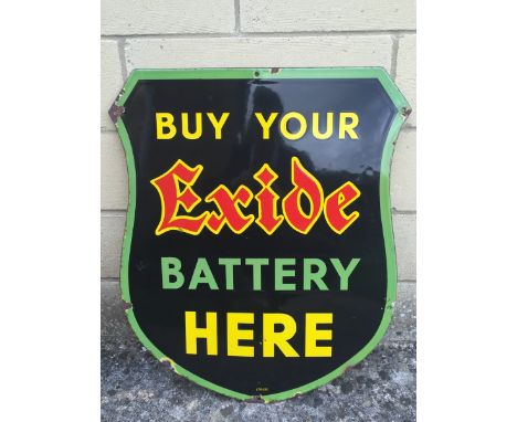 An Exide Battery shield-shaped enamel sign by Stocal, in good condition with excellent gloss, 20 1/2 x 24".