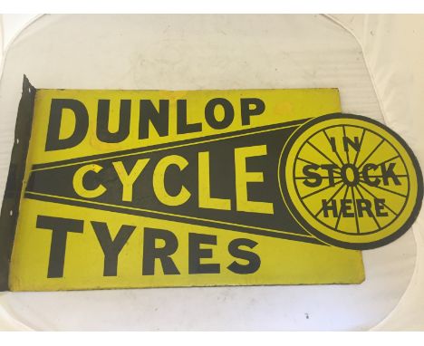 A Dunlop Cycle Tyres 'In Stock Here' double sided enamel sign with hanging flange, with slight amateur retouching, by Griffit