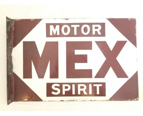 A Mex Motor Spirit double sided enamel sign with hanging flange by Bruton of Palmers Green, with some minor restoration.