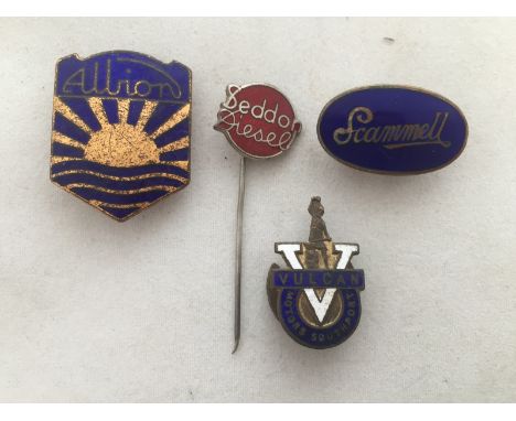 Four commercial related enamel lapel badges and a stick pin relating to Albion, Scammel, Vulcan and Seddon.