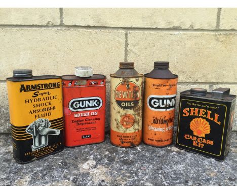 A quantity of assorted oil cans to include Gunk Oil, also a Shell Car Care Kit can.