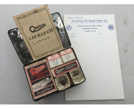 An Osram car bulb kit with contents and a selection of Notting Hill Garage Limited headed paper.