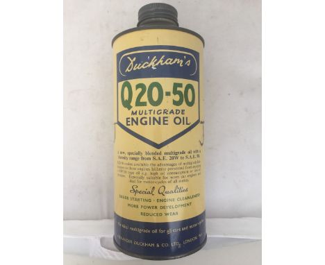 A Duckhams Q20-50 engine oil quart oil can, with an image of a car and motorcycle to the reverse.