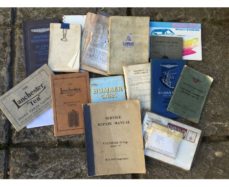 A collection of assorted literature, handbooks etc. to include a Lanchester 10 instruction manual, a spare parts catalogue et