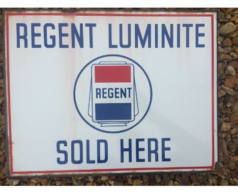 A 'Regent Luminite Sold Here' double sided enamel sign with hanging flange and central globe motif, 80 x 14".