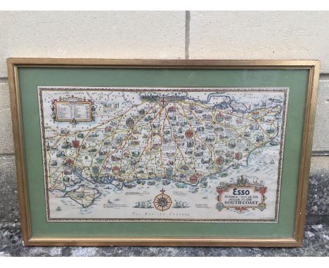 A framed and glazed Esso pictorial plan of the roads to the south coast, 22 x 14 1/2".