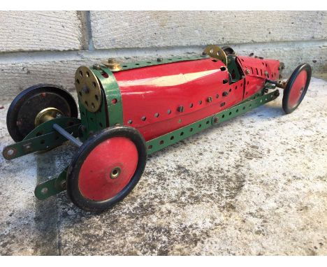 A Meccano model of a 1920s single seater racing car.