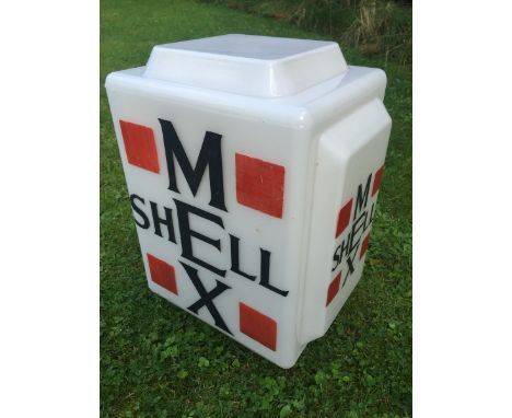 A Shellmex glass petrol pump globe with black lettering and red squares to each corner, stamped 'Property of Shellmex and BP 