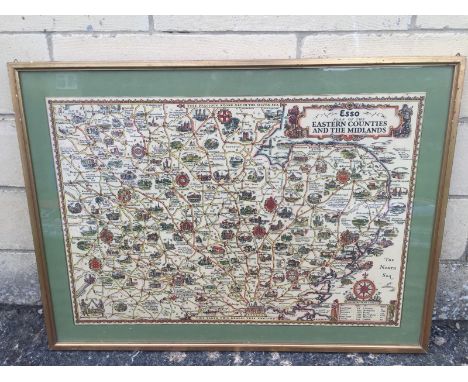 A framed and glazed Esso plan of the Eastern Counties and the Midlands, 31 1/2 x 23 1/2".