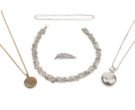 A collection of silver and costume jewellery, to include a silver sovereign holder on long chain, a Victorian agate oval broo
