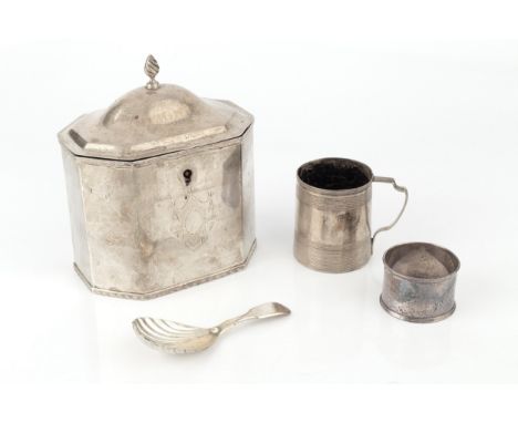 An Edwardian silver tea caddy, of chamfered rectangular form with hinged cover and bright-cut decoration, by Nathan &amp; Hay