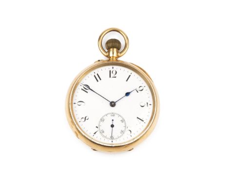 An 18ct gold open face pocket watch, the white enamel dial with Arabic numerals and subsidiary seconds dial, to a keyless win
