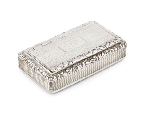 A George IV silver rectangular snuff box, having foliate cast border with engraved decoration and reeded sides, by Thomas &am