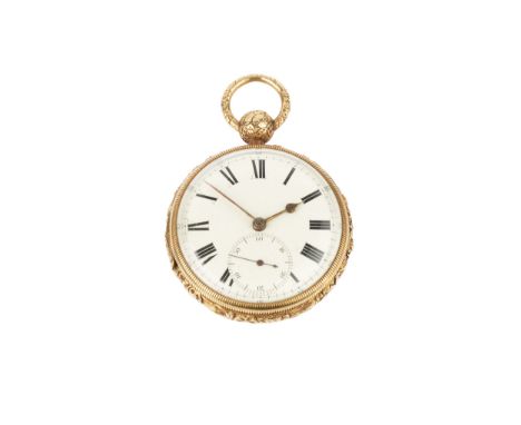 A Victorian 18ct gold open face pocket watch, the white enamel dial with Roman numerals and having seconds subsidiary dial, t