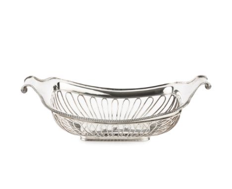 A late Victorian silver cake basket, of rounded rectangular form with scroll ends, having gadrooned borders and open wirework