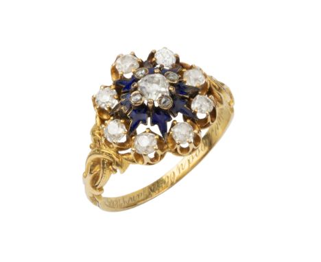 A mid Victorian 18ct gold, diamond and enamel memorial ring, set with nine old cut diamonds in a cluster design, with four fu