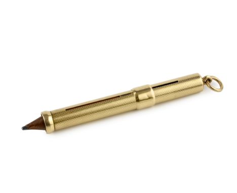 A gold propelling pencil, with engine turned decoration, the suspension ring stamped 585, 7.5cm long, 11g