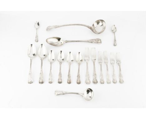 A matched service of 19th century silver King's pattern flatware, comprising soup ladle, gravy spoon, sauce ladle, 10 table s