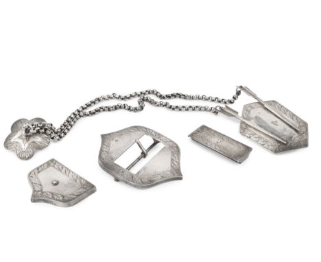 A late Victorian silver cavalry officer's belt fittings, comprising arrow pickers chain and boss, belt buckle, tip and keeper