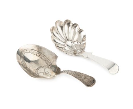 A George III silver caddy spoon, with bright-cut shield shaped bowl and chequered handle, maker I.T probably John Thropp, Bir