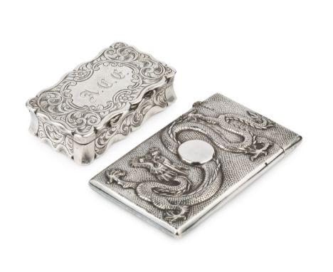 A late 19th/early 20th century Chinese export silver card case, by Wang Hing, the textured ground embossed to one side with a