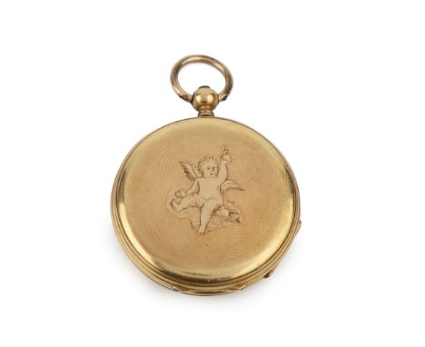A Continental 18k gold hunter pocket watch, the engine turned front engraved with a cherub, enclosing white enamel dial with 