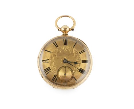 A Victorian 18ct gold open face pocket watch, the engine turned and engraved dial with subsidiary seconds dial, the key wind 