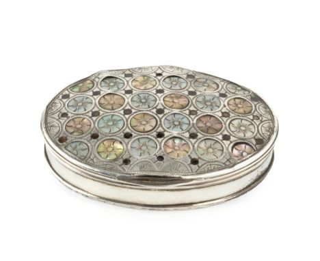 A Georgian silver and tortoiseshell oval snuff box, the hinged cover inset with repeated circles of mother o'pearl, engraved 