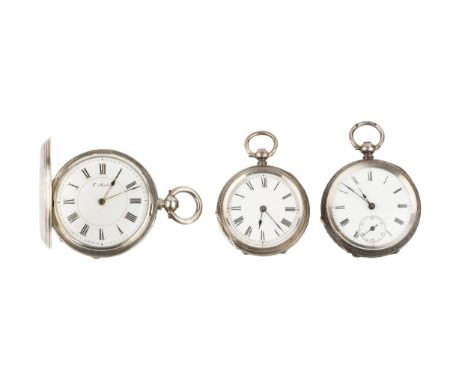 A silver hunter pocket watch, with engine turned decoration to both sides, the gilt heightened white enamel dial signed C. Ma