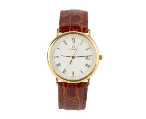 A gold plated Omega deVille gentleman's wristwatch, the circular white dial with roman numerals and calendar aperture, and ha