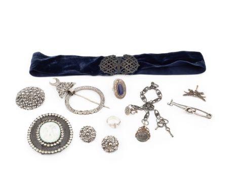 A collection of assorted costume jewellery, to include a late Victorian silver two piece buckle, a 19th century steel chatela