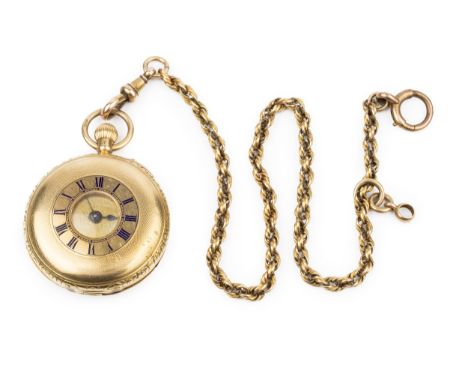 A George V 18ct gold half hunter pocket watch, the engine turned case with blue enamel roman numerals enclosing gilt dial wit